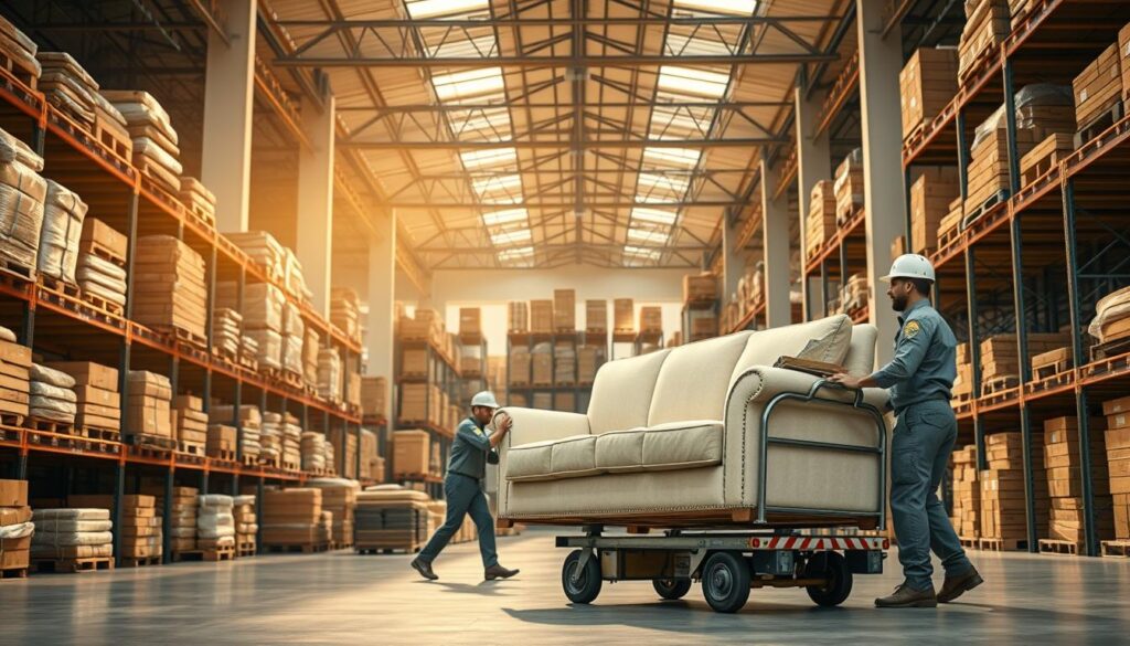 Elegant and expansive Arabic-style warehouse, illuminated by warm natural light. Sturdy wooden shelves and crates hold an array of carefully packaged furniture pieces. In the foreground, a group of uniformed, attentive movers expertly load a sofa onto a specialized transport cart. Surrounding them, a spacious, well-organized facility with high ceilings and a backdrop of the vibrant Jazan cityscape. Convey a sense of professionalism, efficiency, and a commitment to safeguarding valuable home furnishings.